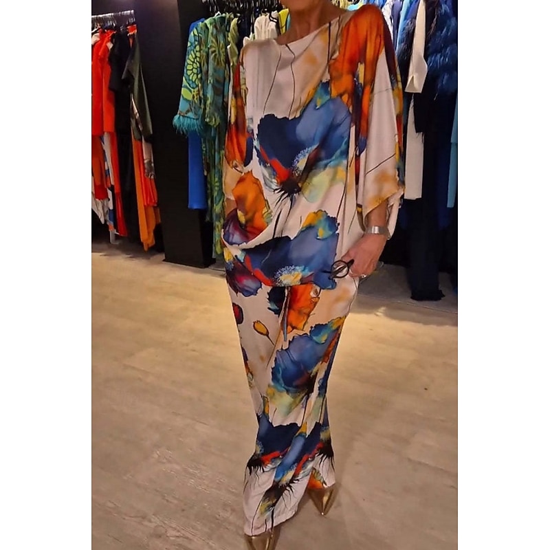 Women's 2 Pieces Vacation Streetwear Daily Pants Sets 3/4 Length Sleeve Crew Neck Floral Print Casual Daily Black Blue Orange Summer Regular Fit3