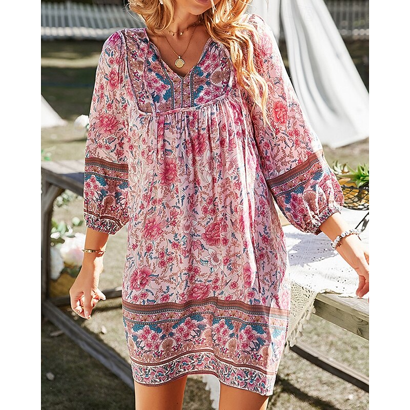 Women's Mini Dress Floral Dress Boho Dress Print Dress Classic Modern Outdoor Vacation Holiday Regular Fit Flower Long Sleeve V Neck Yellow Pink Navy Blue Blue Summer