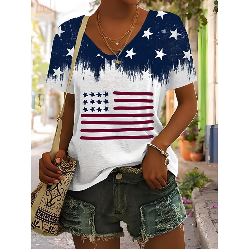 Women's Patriotic  T Shirt Graphic American Flag Vintage Stylish Classic Short Sleeve V Neck Regular Tops Daily Weekend Print Blue Summer Spring
