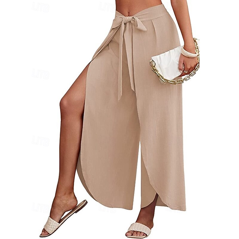 Women's Cotton Linen Pants Slacks Casual Full Length Natural Plain Elastic Waist Split Outdoor Comfortable Holiday Daily Wear Weekend Apricot Jacinth Light Sky Blue Black Summer Regular Fit2