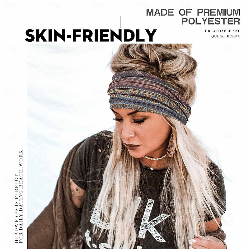 Boho Headbands Women Wide Head Bands Turban Elastic Nonslip Hairbands Workout Yoga Hair Scarfs Running Sweatband African Bohemian Head Wraps Fashion Hair Accessories for Women (D-Bohemian)4