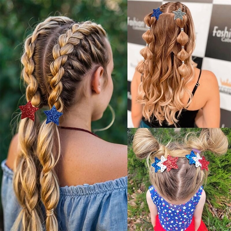 6Pcs 4th of July Hair Clips for Women Red White Blue Star Snap Hair Accessories with Glitter Patriotic Hair Clip Independence Day Flat Hair Barrettes for Holiday Party Hair Decoration2