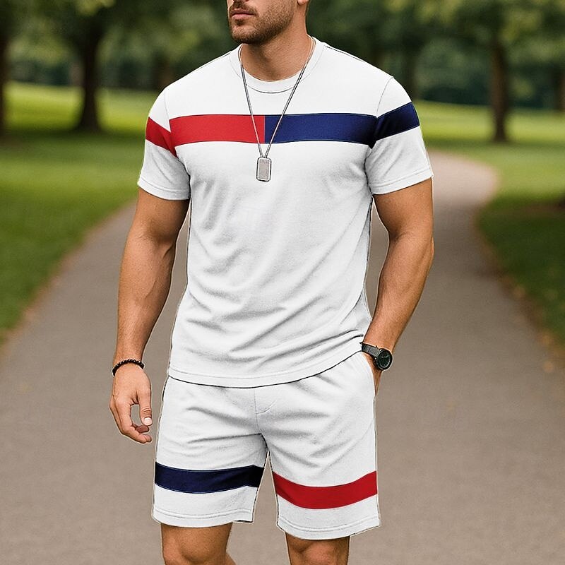Men's T-shirt Suits 2 Pieces Outfits Tee & Shorts Short Sleeve Crew Neck Summer Color Block Fashion Casual 2 Piece Vacation Daily Wear Going out Black White Pink Top Tee for Men2