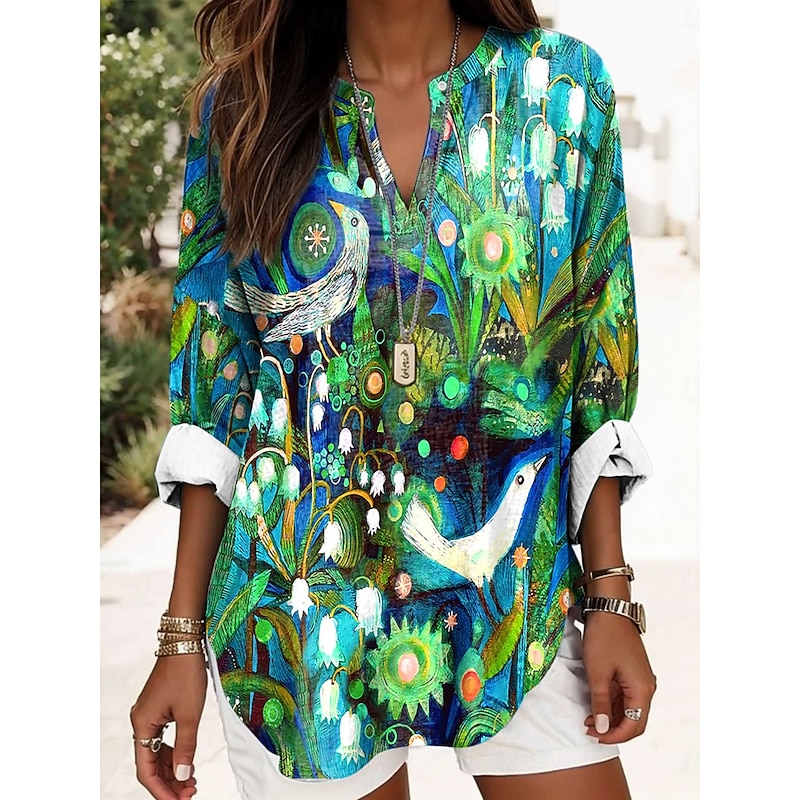 Women's Blouse Tunic V Neck Long Sleeve Boho Casual Tops Floral Graphic Elegant Stylish Regular Tops Daily Print Green