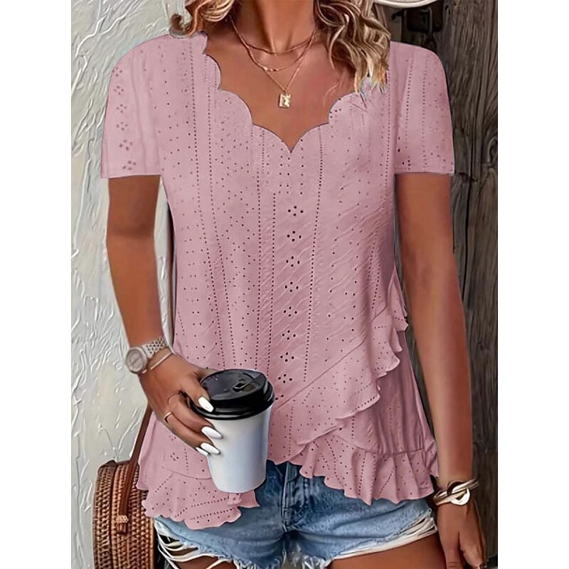 Women's Blouse Solid Color Stylish Casual Short Sleeve V Neck Regular Tops Daily Ruffle Eyelet White Yellow Pink Blue Green Summer3