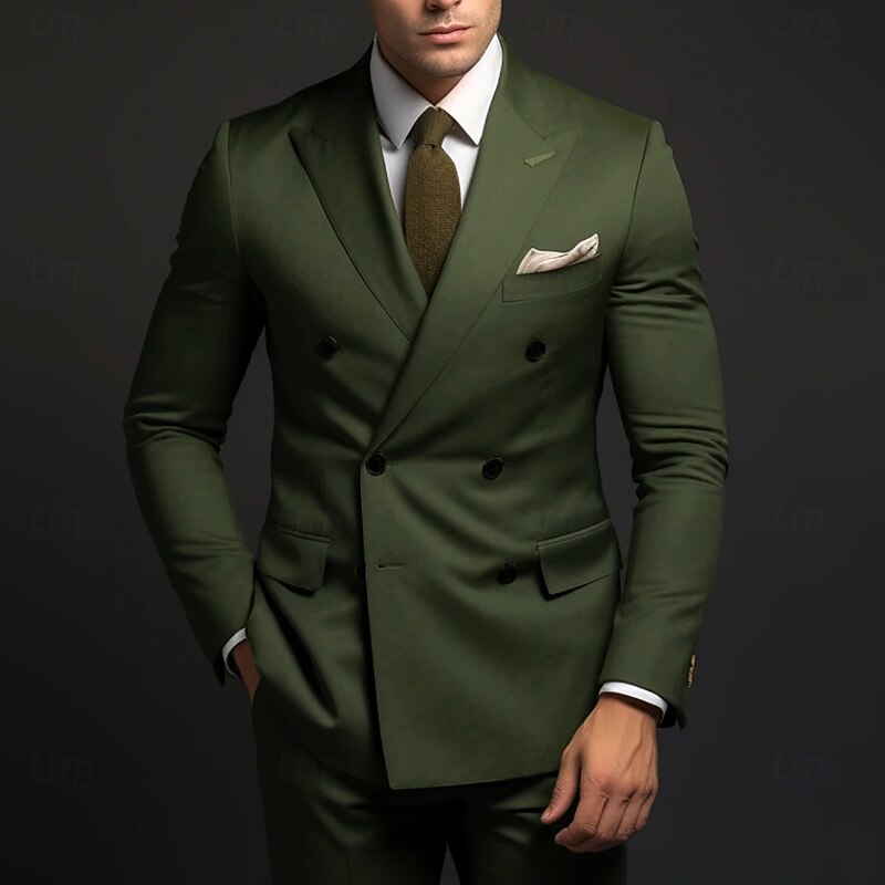 Men's Wedding Party Suits Peaked Lapel Grape Army Green Formal Solid Colored Standard Fit 2 Piece Double Breasted Six-buttons4