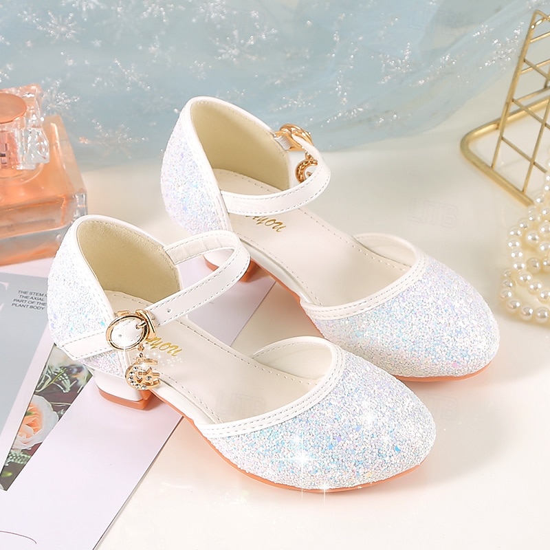 Girls' Sparkly Glitter Dress Shoes – White Mary Jane Heels with Moon Charm Strap for Weddings, Parties, and Formal Events3