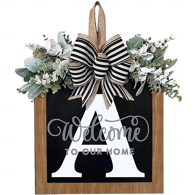 Last Name Welcome Door Wreath for Front Door 26 Letter All Year Round Wooden Hanging Decoration for Farmhouse Home Outdoor and Indoor Decor