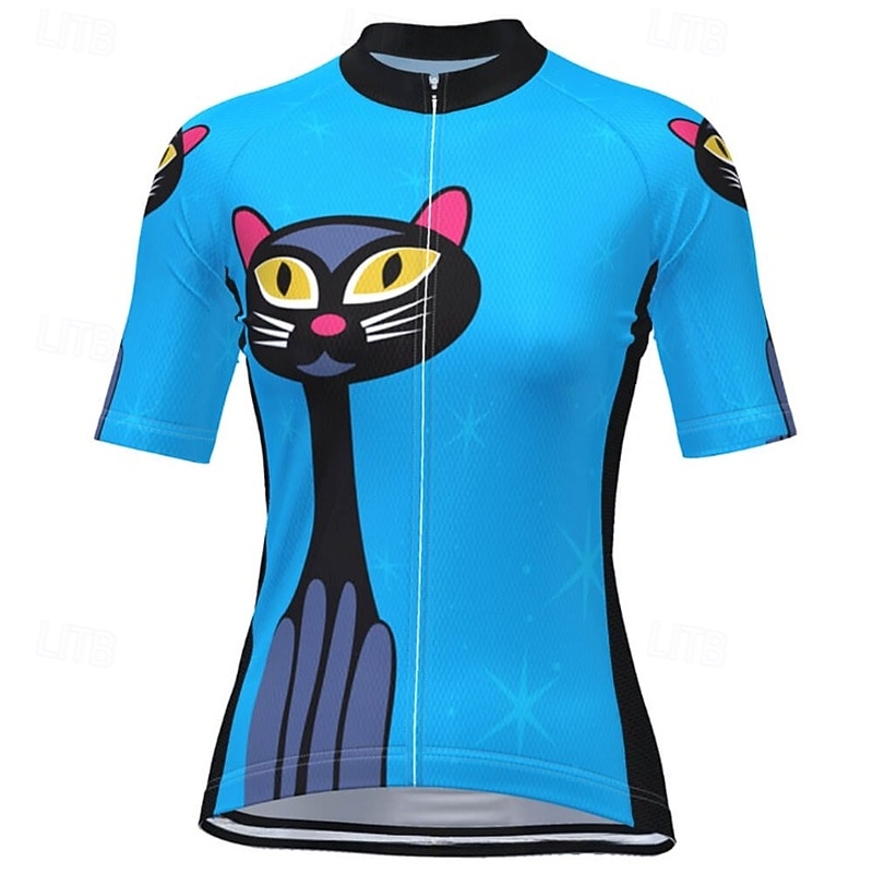 Women's Cycling Jersey Animal Cat Short Sleeve Bike Tee Tshirt Jersey Top with 3 Rear Pockets Mountain Bike MTB Road Bike Cycling Quick Dry Reflective Strips Moisture Wicking Breathable Sports Blue