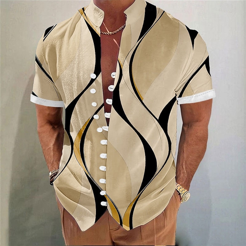 Men's Geometric Lines / Waves Shirt Button Up Shirt Stand Collar Shirt Short Sleeve Fashion Casual Vacation Daily Summer Spring Mandarin Collar 3D Print Linen Like Shirt White Pink Blue Green Khaki2