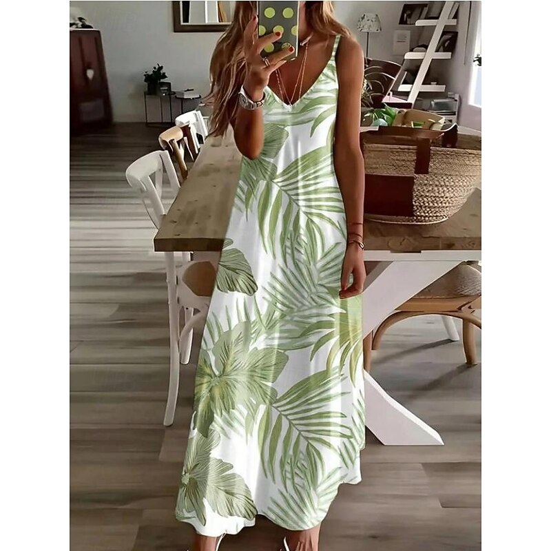 Women's Maxi Dress Sundress A Line Dress Slip Dress Vacation Casual Boho Beach Regular Fit Graphic Leaf Sleeveless V Neck Blue Green Summer Spring2