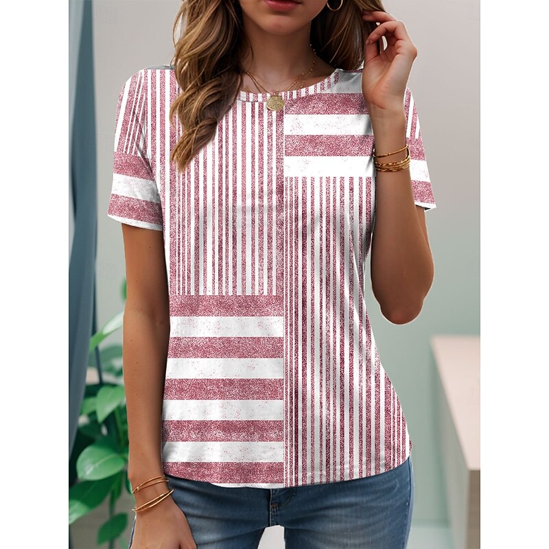 Women's T Shirt Graphic Striped Vintage Stylish Classic Short Sleeve Crew Neck Regular Tops Daily Weekend Print Pink Blue Purple Gray Summer Spring2