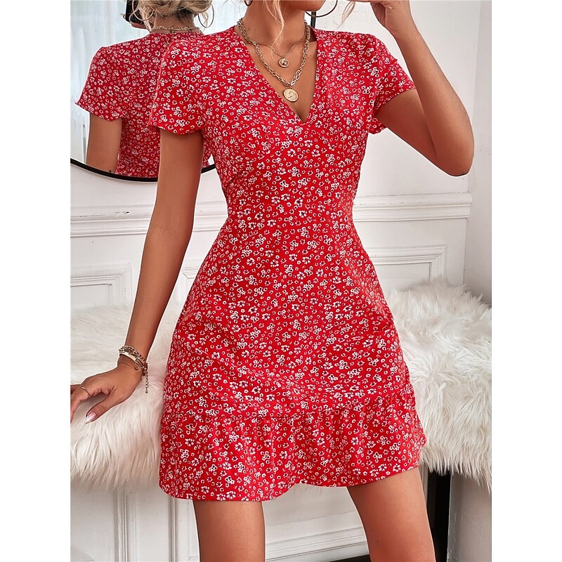 Women's Mini Dress A Line Dress Casual Outdoor Going out Standard Fit Floral Short Sleeve V Neck Black Red Blue Apricot Summer