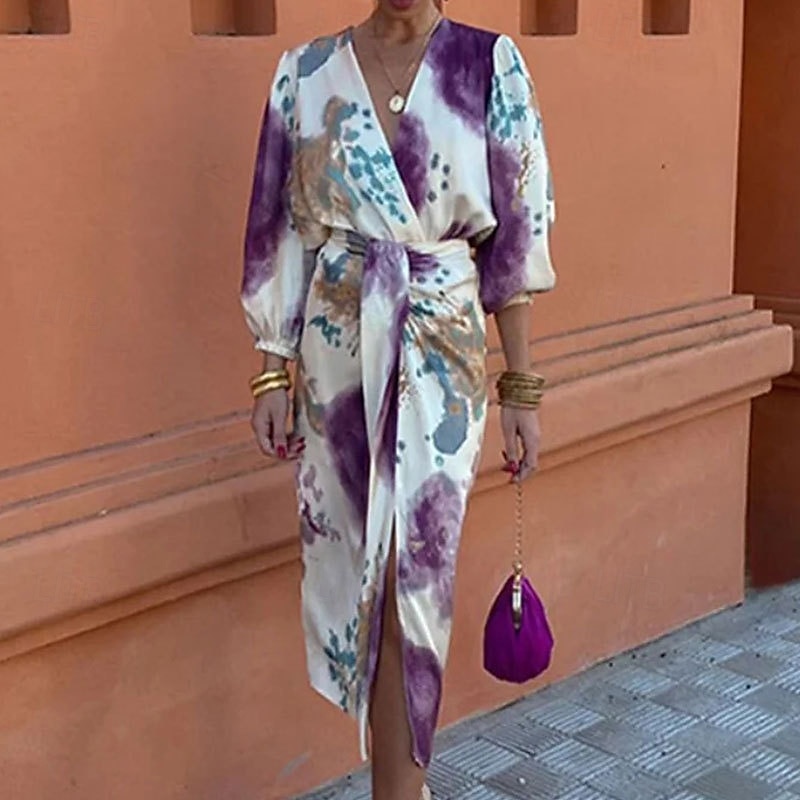 Women's Midi Dress Casual Dress Floral Dress Print Dress Fashion Modern Outdoor Holiday Going out Regular Fit Flower Long Sleeve V Neck Purple Summer