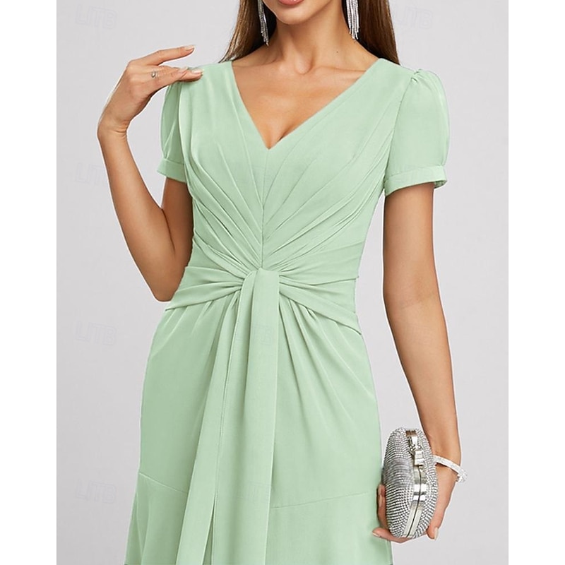 A-Line Mother of the Bride Dress Formal Wedding Guest Elegant Simple Minimalist V Neck Tea Length Chiffon Short Sleeve with Pleats Ruched2