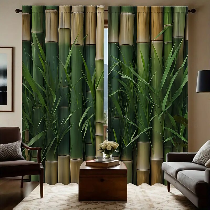 2-piece set of green bamboo patterned curtains suitable for study kitchen living room dormitory pole bags bedroom accessories room decoration and home decoration ceiling curtains2