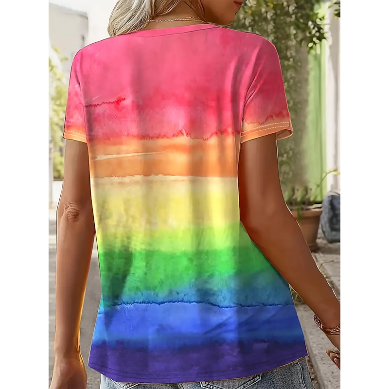 Women's T Shirt Summer Tops Graphic Color Gradient Classic Casual Short Sleeve V Neck Crop Tops Daily Weekend Print Rainbow Summer Spring Fall2