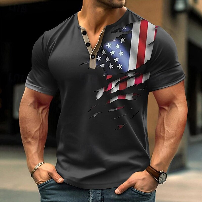 Men's Flag T Shirt Henley Shirt Short Sleeve Designer Retro Vintage Casual Street Casual Daily Summer Spring Black White Green Henley Henley T-Shirt3