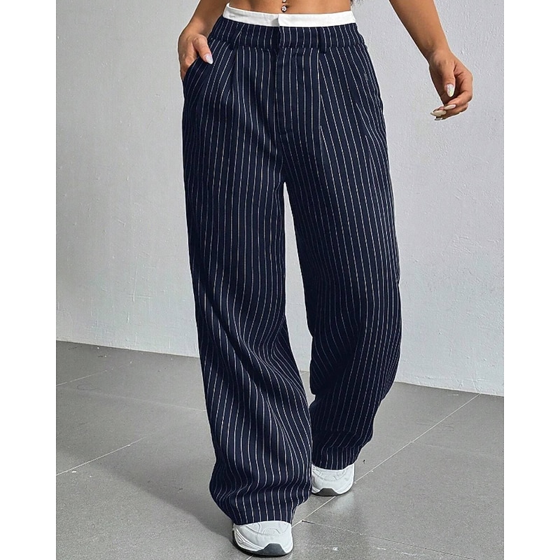 Women's Wide Leg Slacks Pants Trousers Casual Full Length Natural Striped Pocket Comfy Outdoor Comfortable Outdoor Vacation Casual Daily Wine Depression Green Navy Grey Summer Regular Fit