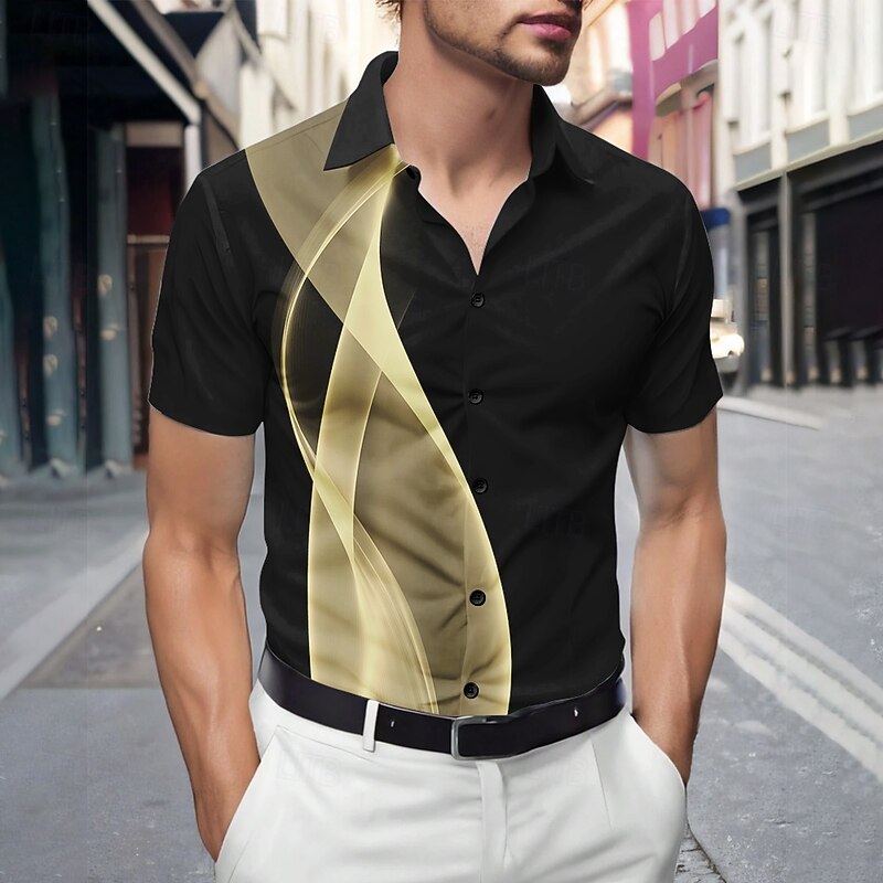 Men's Geometric Waves Gradient Color Shirt Summer Shirt Button Up Shirt Short Sleeve Fashion Casual Outdoor Vacation Dailywear Summer Spring Turndown 3D Print Collared Shirts Yellow Blue Purple Gray4