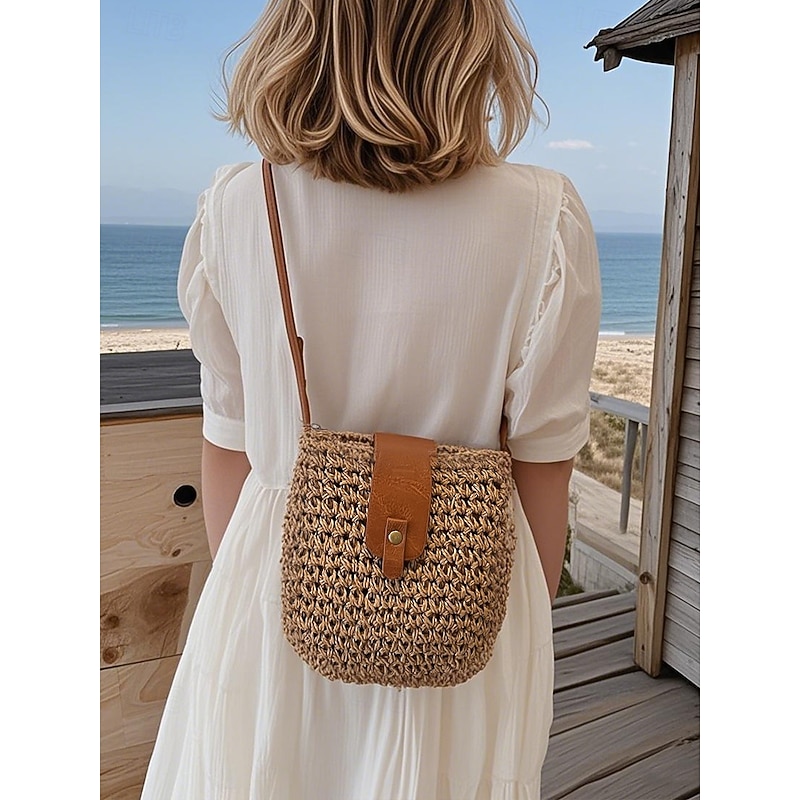 Women's Woven Straw Crossbody Bag with Leather Strap - Chic Boho-Style Handbag for Summer, Beach and Casual Outings4