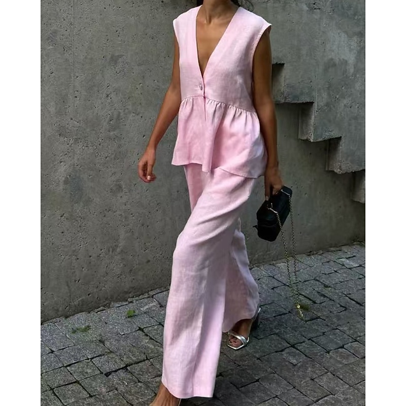 Women's Active Fashion Cotton Linen Shirts Blouse Pants Sets Sleeveless V Neck Solid Color Dubbele Rij Knopen Vacation Casual Daily Black Pink Light Blue Summer Regular Fit - Main Image