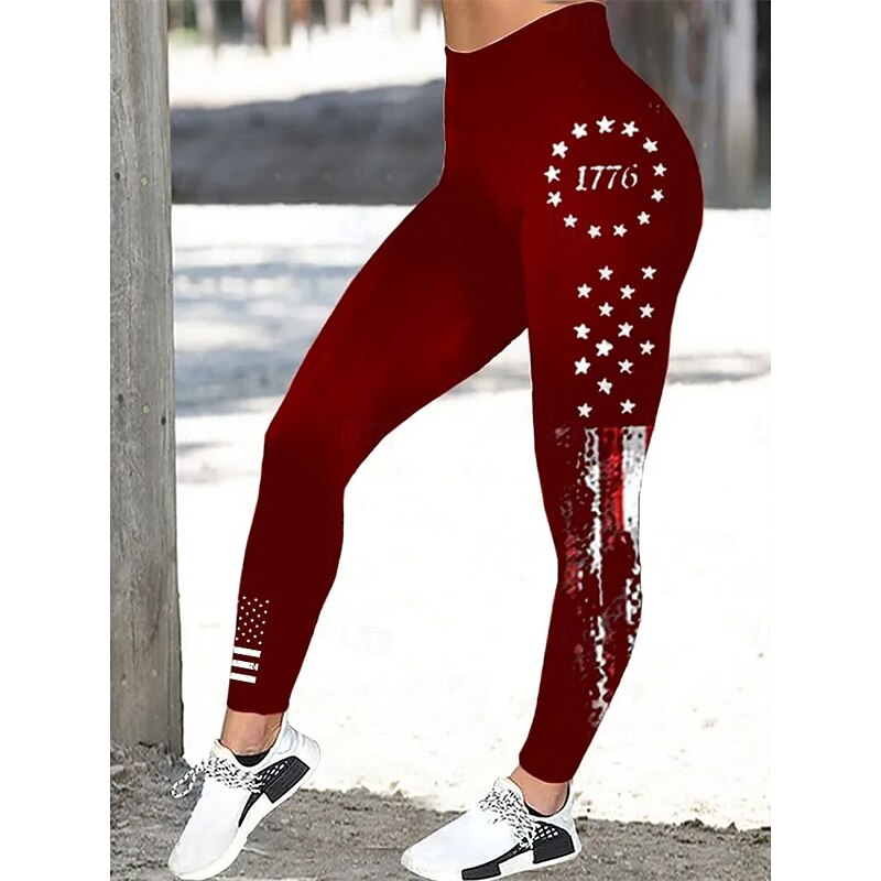 Women's Leggings Vacation Vintage Fashion Ankle-Length High WaistPantsAmerican Independence Day Graphic Flag Printing Thermal Warm Soft Breathable Stretchy Outdoor Daily Wine Black Blue ash-colored4