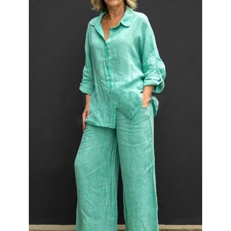 Women's Active Basic Two Piece Sets Long Sleeve Shirt Collar Solid Color Casual Daily Black White Yellow Summer Regular Fit4