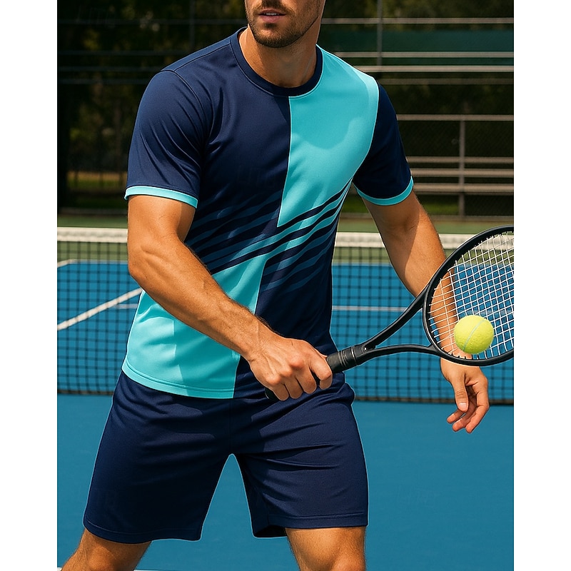 Men's Graphic Geometric Sports Set Shirts & Shorts Tennis Set Two-piece Suit Short Sleeves Sweat-Wicking Moisture Wicking Breathable Tennis Golf Pickleball Red Blue Orange Tennis Clothing - Main Image