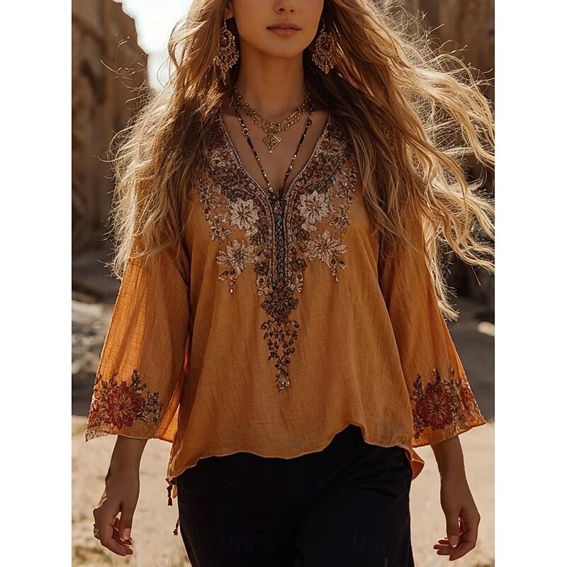 Women's Blouse Floral Graphic Bohemia Vintage Daily 3/4 Length Sleeve Crew Neck Boat Neck Regular Tops Daily Holiday Vacation Wear Print Yellow Summer Spring