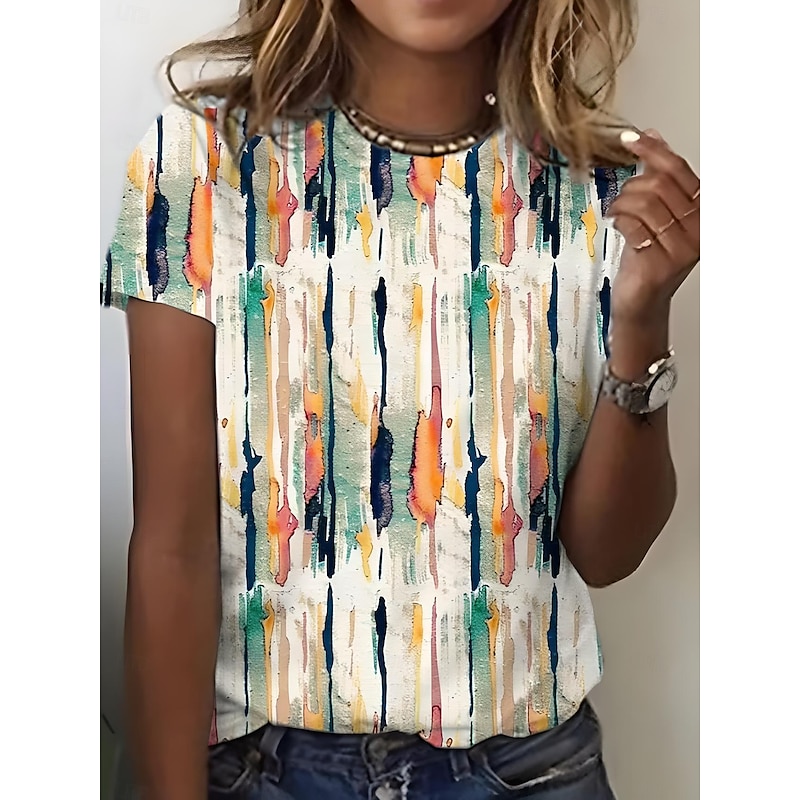 Women's T Shirt Graphic Geometric Striped Vintage Stylish Classic Short Sleeve Crew Neck Regular Tops Daily Print Black White Royal Blue Blue Purple Summer Spring3