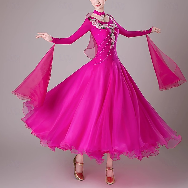 Ballroom Dance Dress Embroidery Splicing Crystals / Rhinestones Women's Performance Party Long Sleeve Spandex Organza
