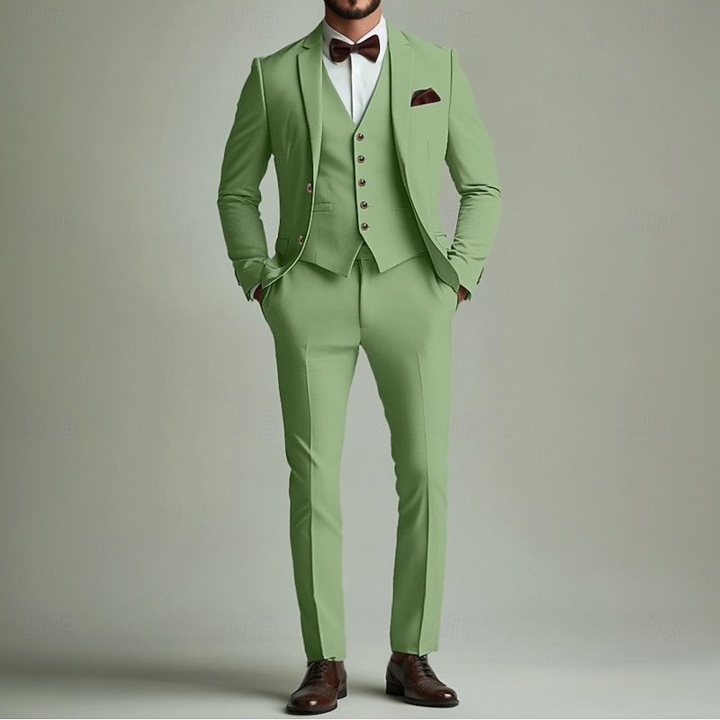 Men's Wedding Party Suits Notch Lapel Sage Formal Solid Colored Standard Fit 3 Piece Single Breasted Two-buttons