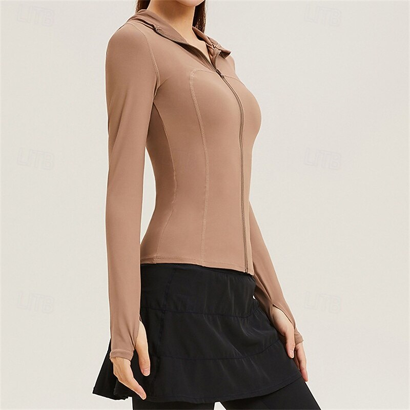 Women's Solid Colored Tennis Sports Jacket Sport Jacket Long Sleeve Zipper High Elasticity Breathable Tennis Golf Pickleball Hooded White Brown Tennis Clothing4