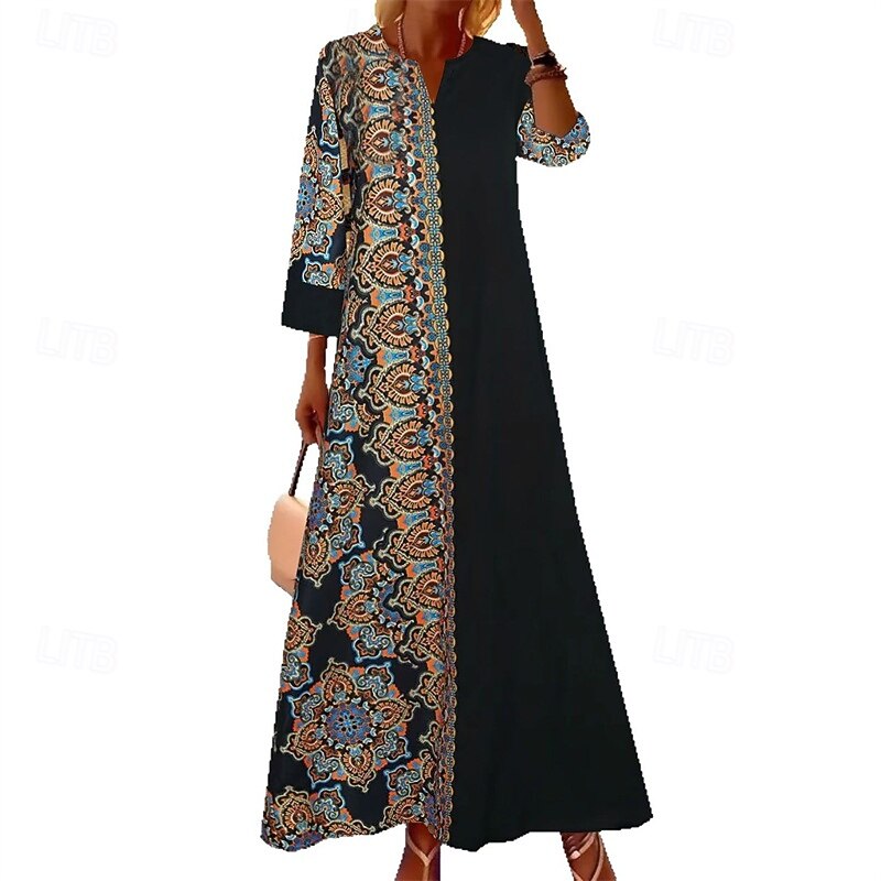 Women's Long Dress Maxi Dress Casual Dress Kaftan Dress Fashion Outdoor Party Holiday Regular Fit Geometric Short Sleeve V Neck Black Summer2
