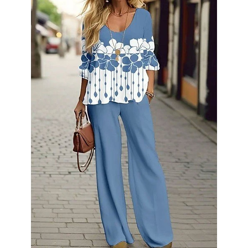 Women's Shirt Blouse 3/4 Length Sleeve U Neck Floral Graphic Print Outdoor Vacation Casual White Blue Purple Summer Loose Fit4