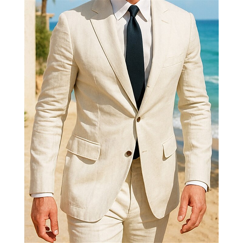 Men's Linen Blazer Blazer Business Cocktail Party Wedding Party Fashion Casual Spring Autumn / Fall 30% Flax 70% Polyester Plain Pocket Buttons Comfortable Single Breasted Blazer White khaki Light2
