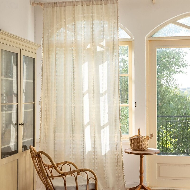 Boho Curtains Crochet Lace Patchwork Semi-Blackout Bohemian Handmade Tassels, Rod Pocket Window Treatment Vintage Rustic Farmhouse Drapes for Living Bedroom2