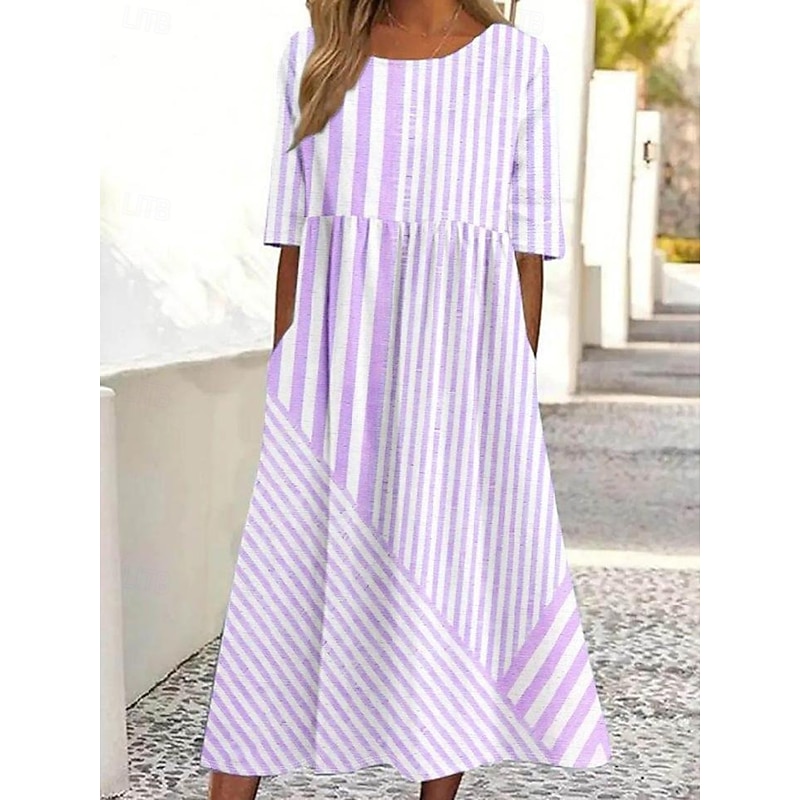 Women's Midi Dress Casual Dress T Shirt Dress Tee Dress Sundress A Line Dress Bohemia Vacation Vintage Regular Fit Graphic Stripe Short Sleeve Crew Neck Light Yellow Light Pink Light Green Light3