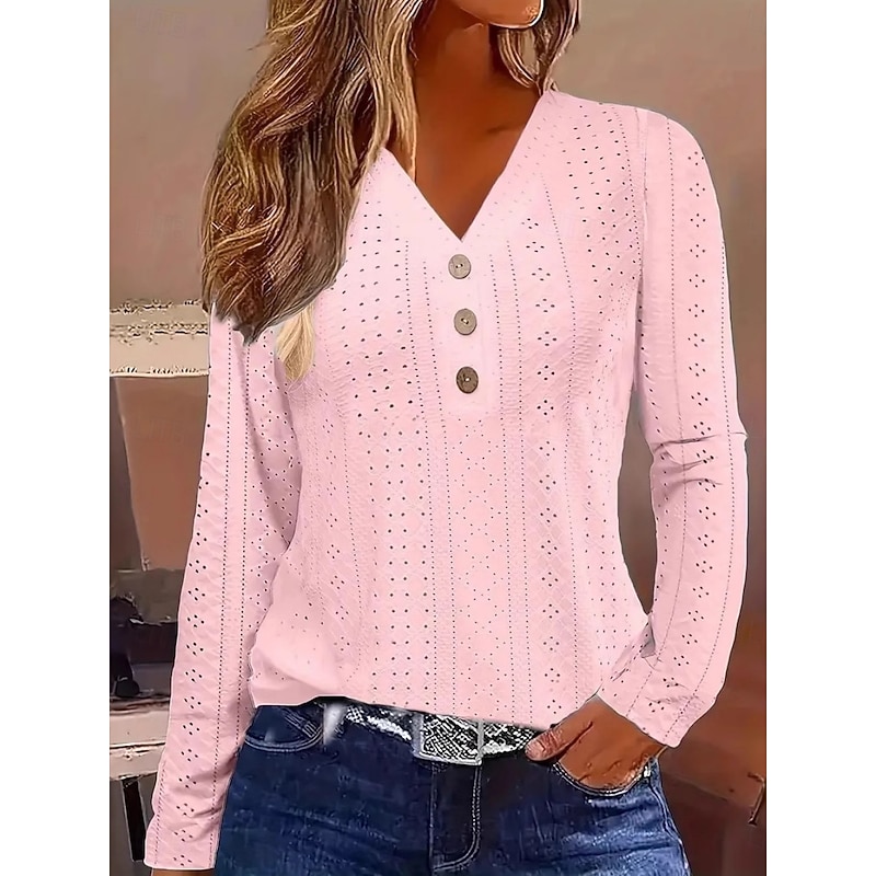 Women's Blouse Solid Color Vintage Tropical Stylish Long Sleeve V Neck Regular Tops Daily Buttons Eyelet White Yellow Pink Blue  Prefall4