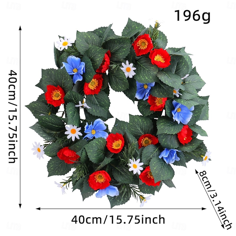 Patriotic Wreath for Front Door 4th of July Independence Day Red White and Blue Outdoor Indoor Decoration, American Flag Faux Flower Vine Ring Wall Hanging for Window, Rustic Holiday Decor2