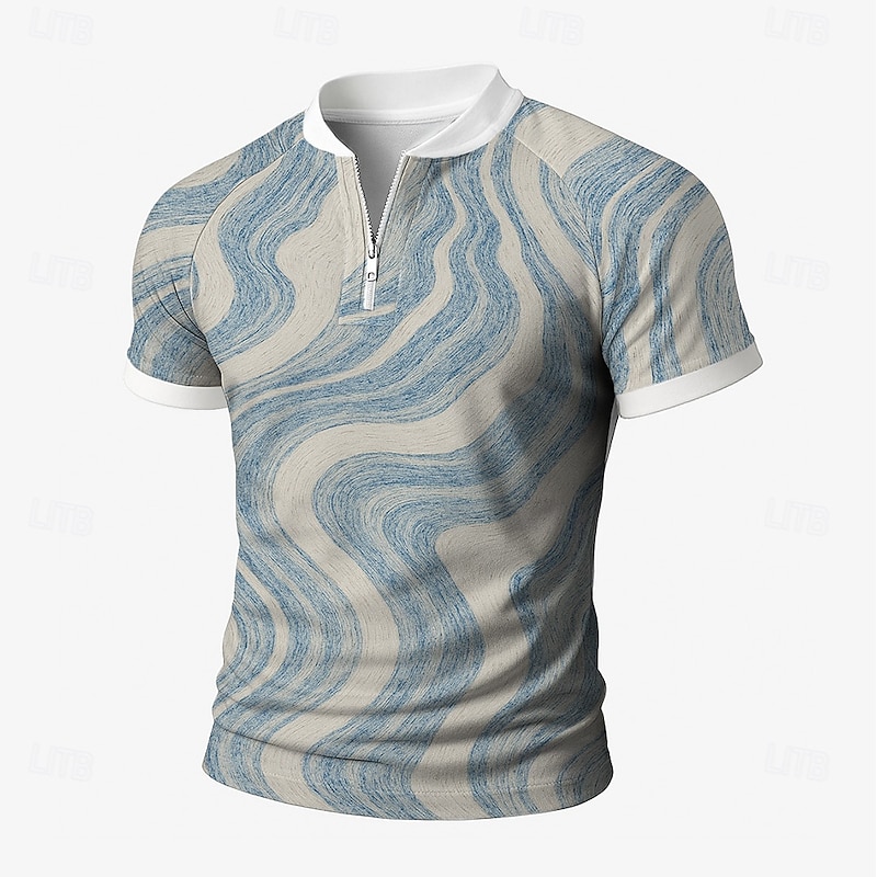 Men's Line Zip Polo Short Sleeve Stand Collar Business Leisure Business Casual Daily Zipper 3D Print Summer Robin's Egg Blue Light Blue ash-colored2
