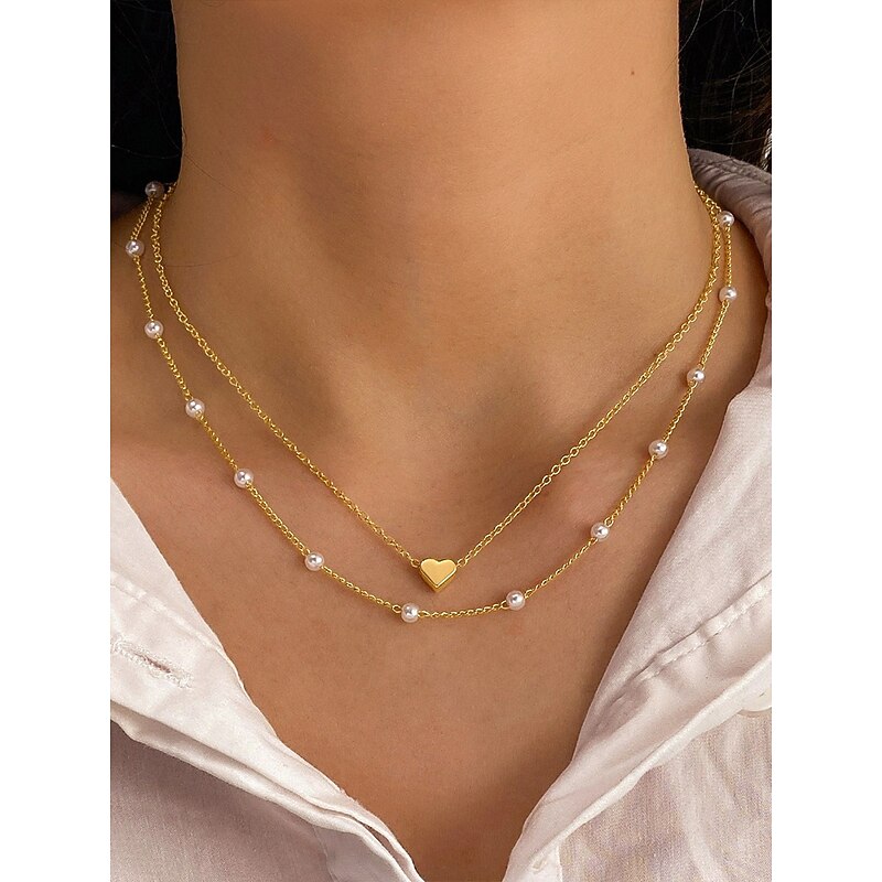 Women's Gold Heart Pendant Necklace and Bracelet Set – Dainty Layered Chain with Pearl Beads, Elegant Romantic Jewelry for Gifts, Weddings, and Everyday Wear3