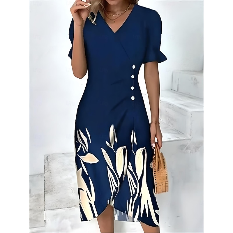 Women's Midi Dress Wrap Dress Elegant Lightweight Puff Sleeve Short Sleeve V Neck Going out Regular Fit Floral Graphic Rusty Red Blue Purple Green