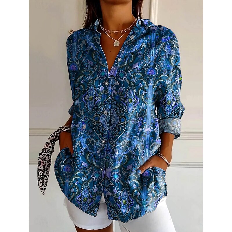 Women's Shirt Button Down Tunic Shirt Collar Long Sleeve Floral Graphic Paisley Bohemia Vintage Western Regular Tops Daily Holiday Vacation Wear s Print Maroon Blue Rose Pink Spring4