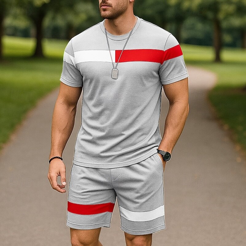 Men's T-shirt Suits 2 Pieces Outfits Tee & Shorts Short Sleeve Crew Neck Summer Color Block Fashion Casual 2 Piece Vacation Daily Wear Going out Black White Pink Top Tee for Men3