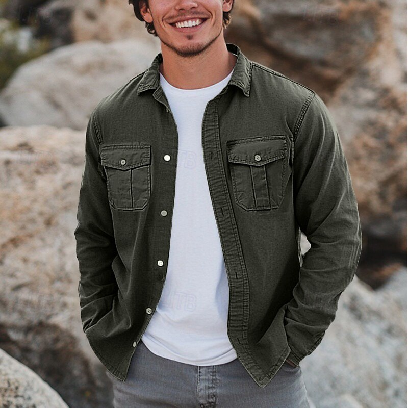 Men's Shirt Casual Shirt Button Up Shirt Black White Green Long Sleeve Plain Lapel Vacation Daily Front Pocket Clothing Apparel Fashion Casual Comfortable