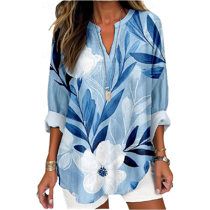 Women's Boho Shirt Floral Graphic Bohemia Daily Casual Long Sleeve V Neck Regular Tops Daily Holiday Going out Patchwork Print White Yellow Wine Navy Blue Dusty Blue Spring, Fall, Winter, Summer