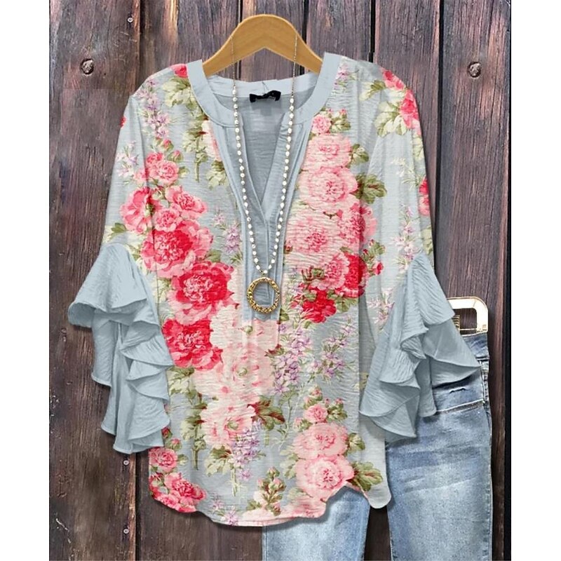 Women's Blouse V Neck Layered Ruffle Sleeve Tops Floral Graphic Bohemia Vintage Daily 3/4 Length Sleeve Regular Tops Daily Holiday Vacation Wear Print Yellow Green Light Blue Summer Spring Fall
