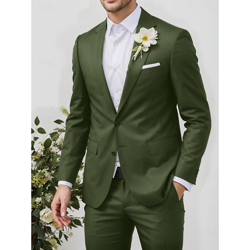 Men's Wedding Business Suits Army Green Summer Fashion Formal Solid Colored Standard Fit 2 Piece Single Breasted Two-buttons